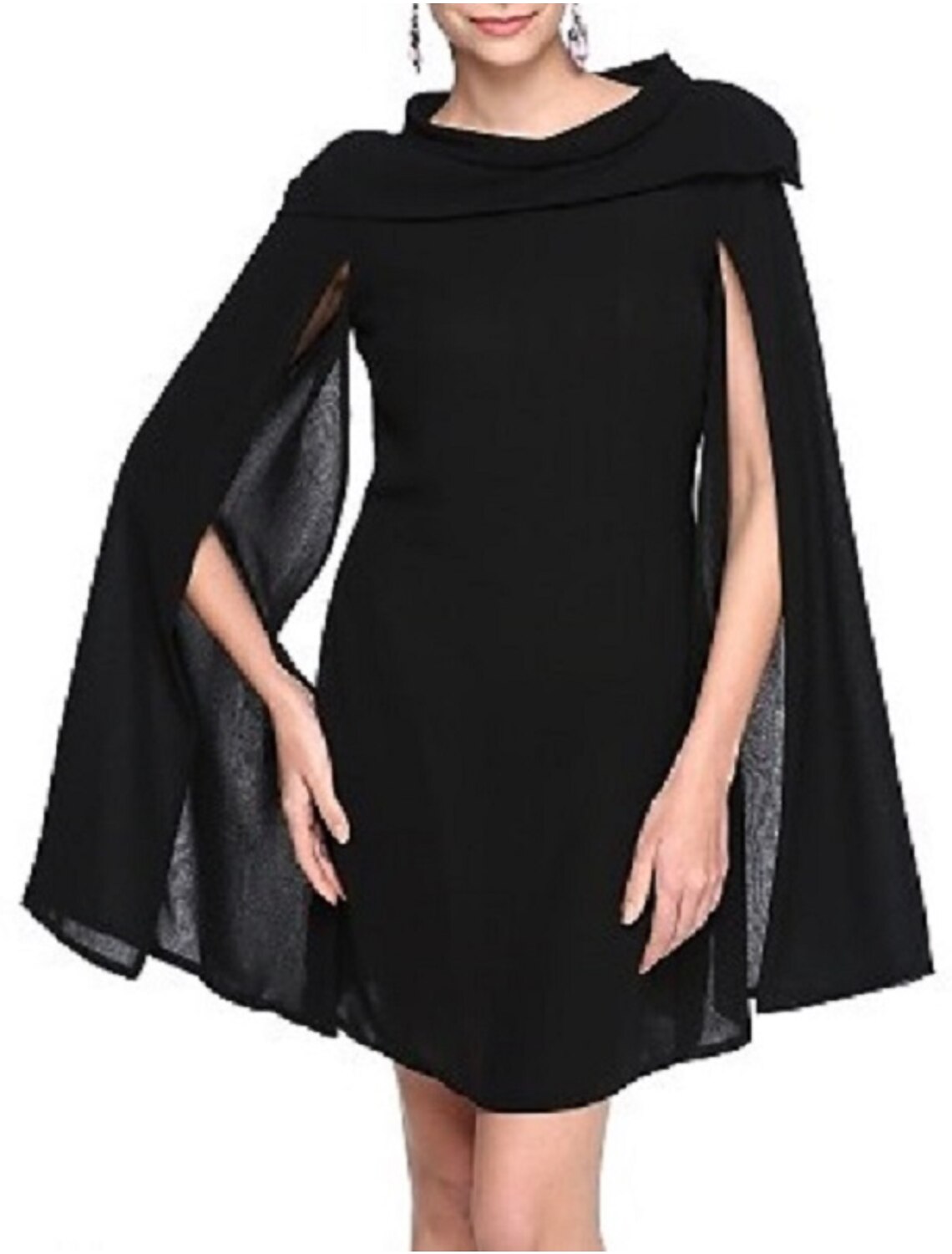 Abito nero a trapezio per le feste, corto/mini, senza maniche, con scollo gioiello, in chiffon con pieghe, per invitati a nozze